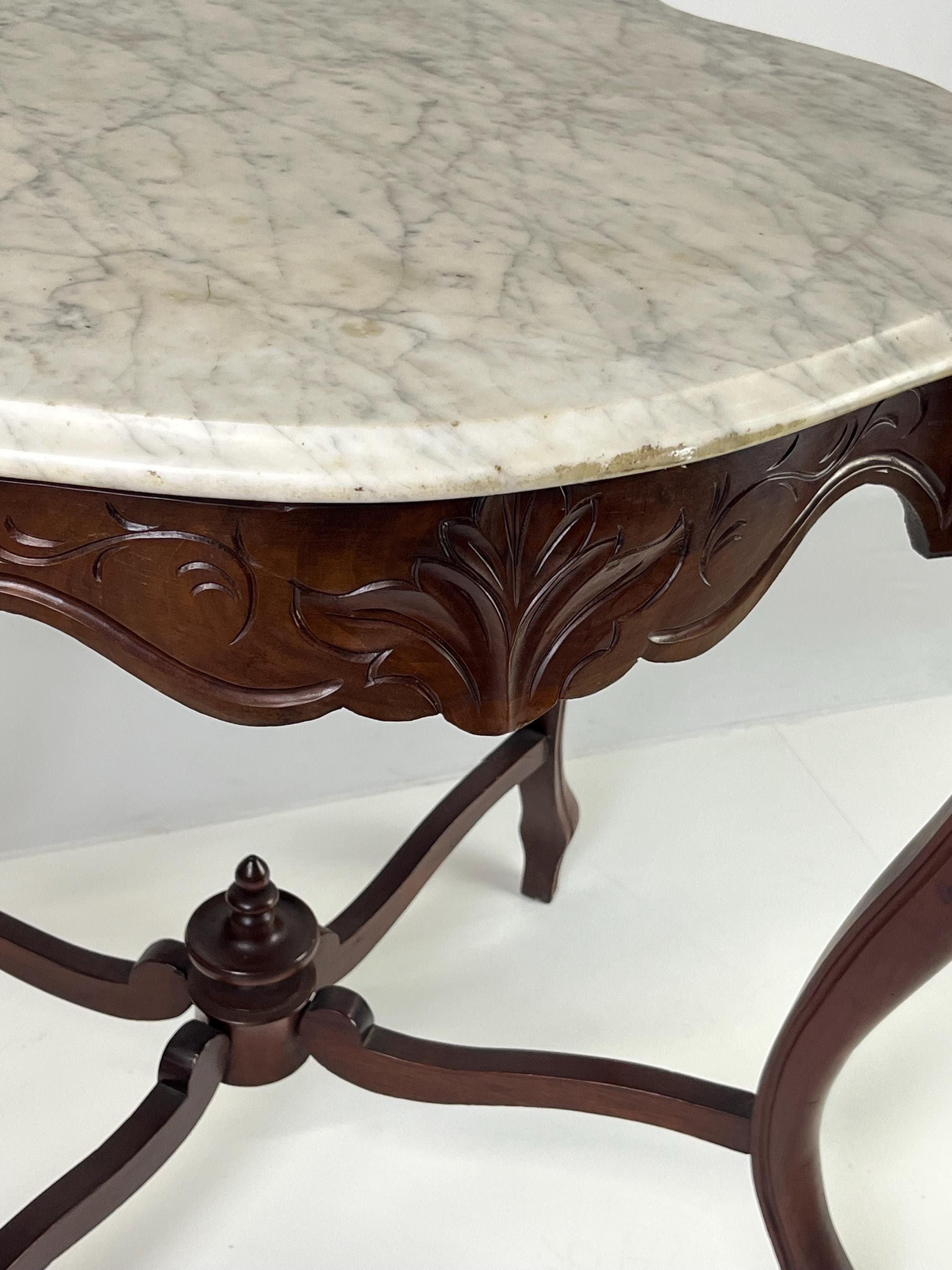 Victorian Rococo Revival Carved Walnut & Marble Top Parlor Table - Thumbnail 11