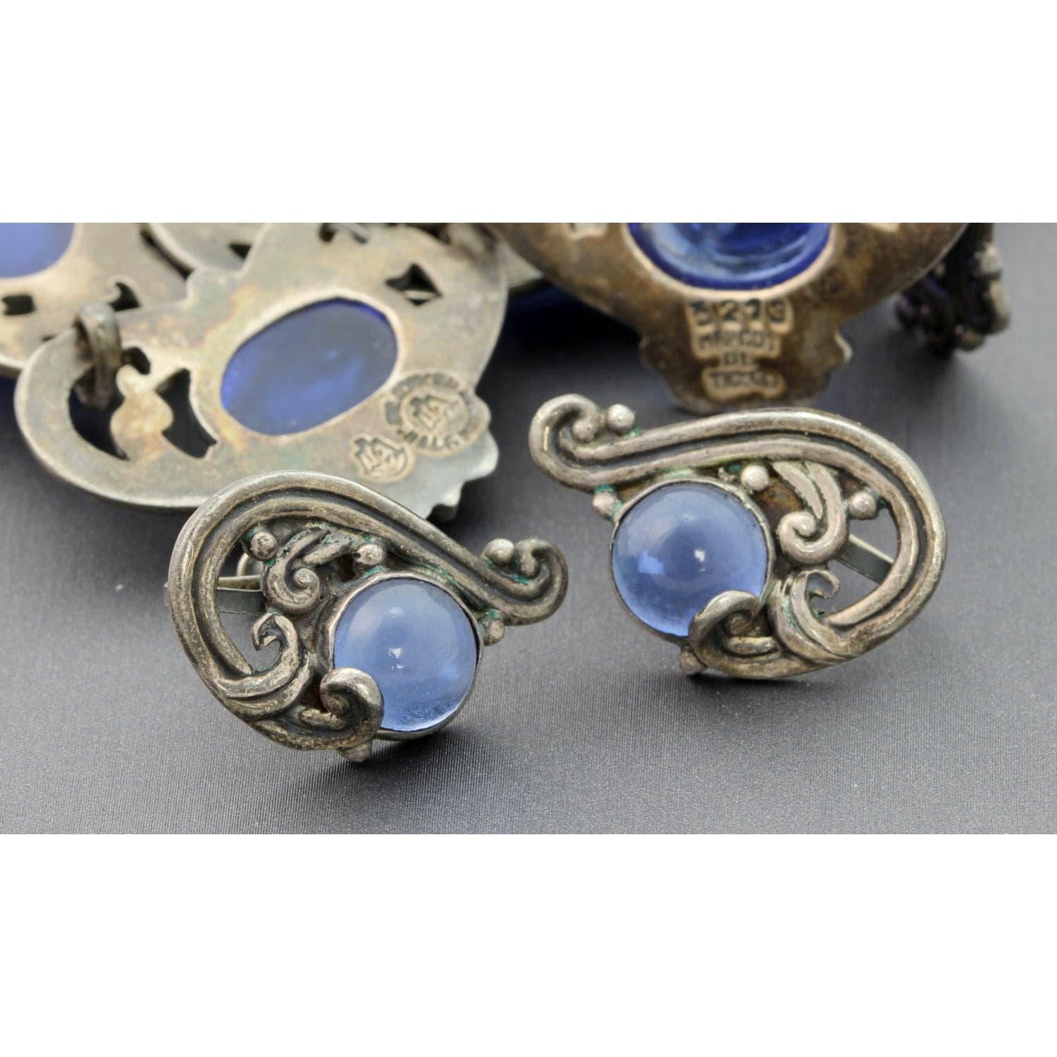 Margot de Taxco #5213 Hearts Sterling Silver Necklace & Earring Set with Sapphire-Blue Glass Cabochons - 15"-16" - Thumbnail 3