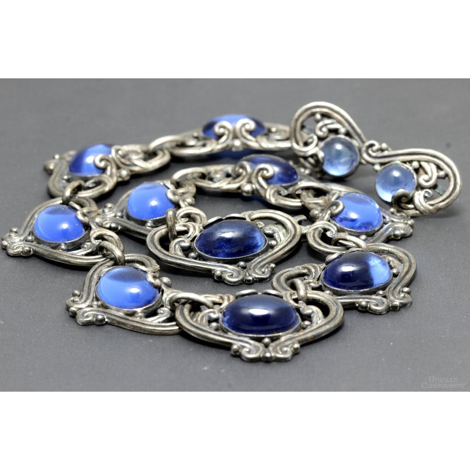 Margot de Taxco #5213 Hearts Sterling Silver Necklace & Earring Set with Sapphire-Blue Glass Cabochons - 15"-16" - Thumbnail 4