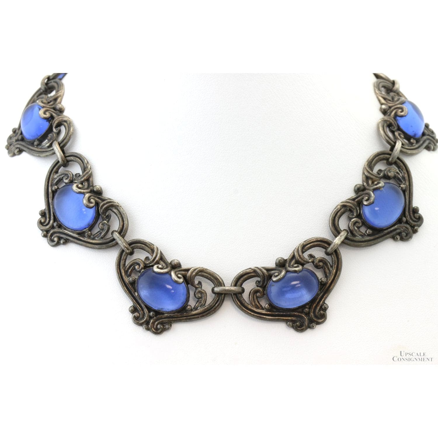 Margot de Taxco #5213 Hearts Sterling Silver Necklace & Earring Set with Sapphire-Blue Glass Cabochons - 15"-16" - Thumbnail 2