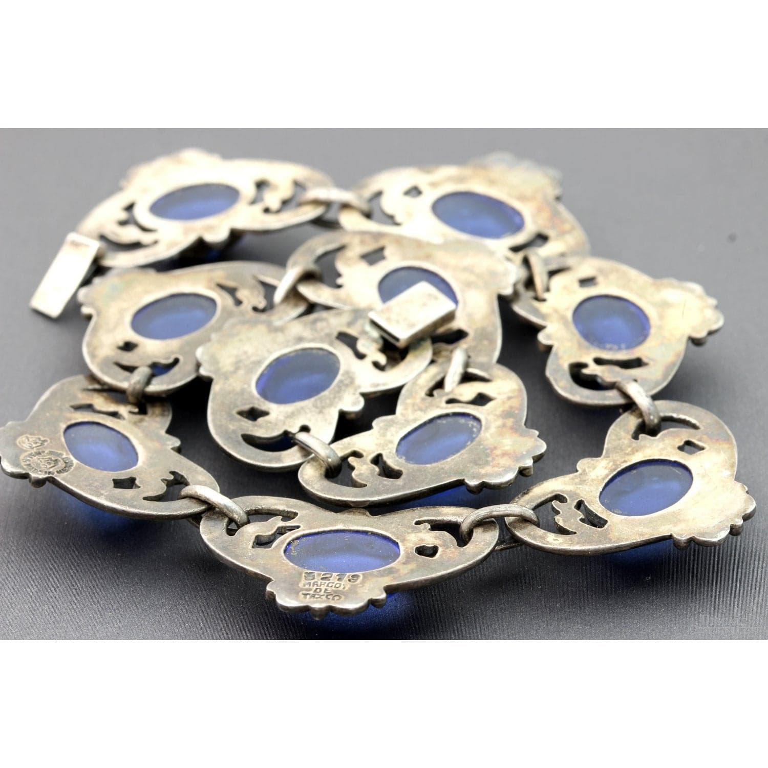 Margot de Taxco #5213 Hearts Sterling Silver Necklace & Earring Set with Sapphire-Blue Glass Cabochons - 15"-16" - Thumbnail 5