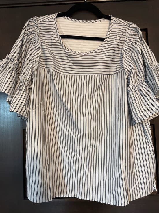 Striped White and Navy Ruffle Sleeve Women's Top - Thumbnail 2