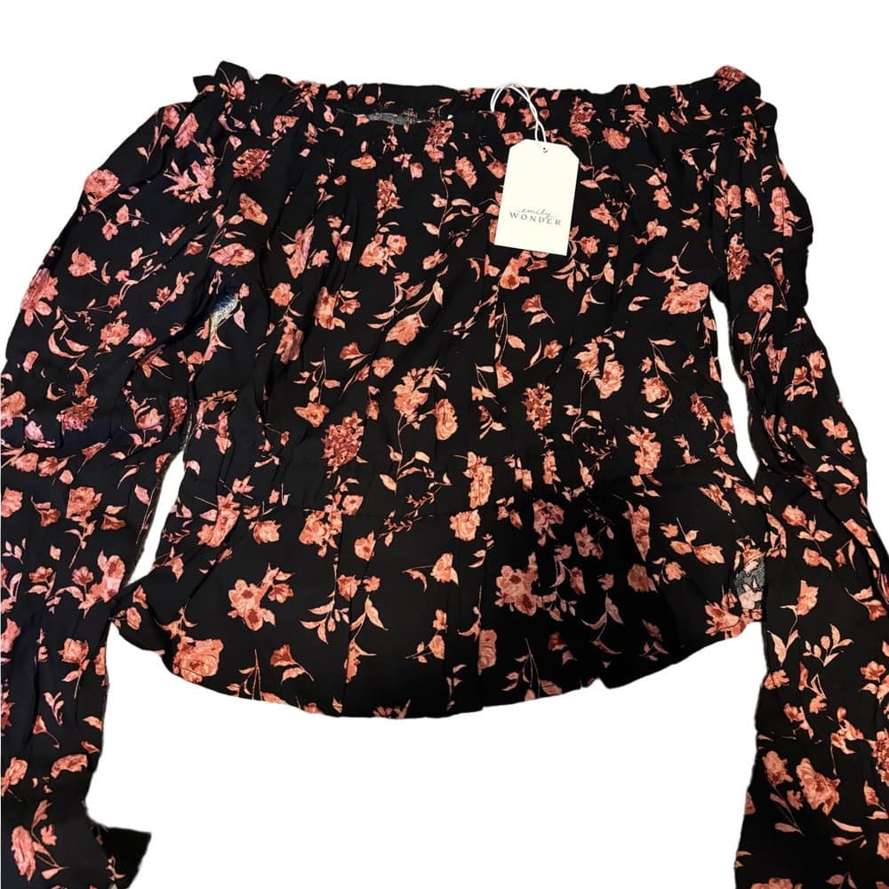 Emily Wonder Stylish Black and Pink/Peach Floral Off-Shoulder/Boat Neck Blouse - Thumbnail 3