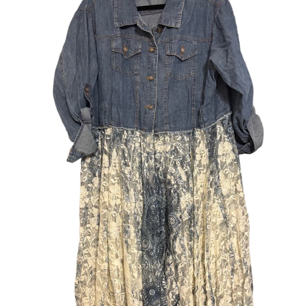 NWOT Origami Stylish Denim Blue and Cream Lace Top/Dress - Thumbnail 3