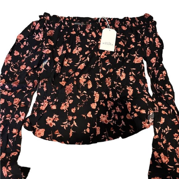 Emily Wonder Stylish Black and Pink/Peach Floral Off-Shoulder/Boat Neck Blouse - Thumbnail 4