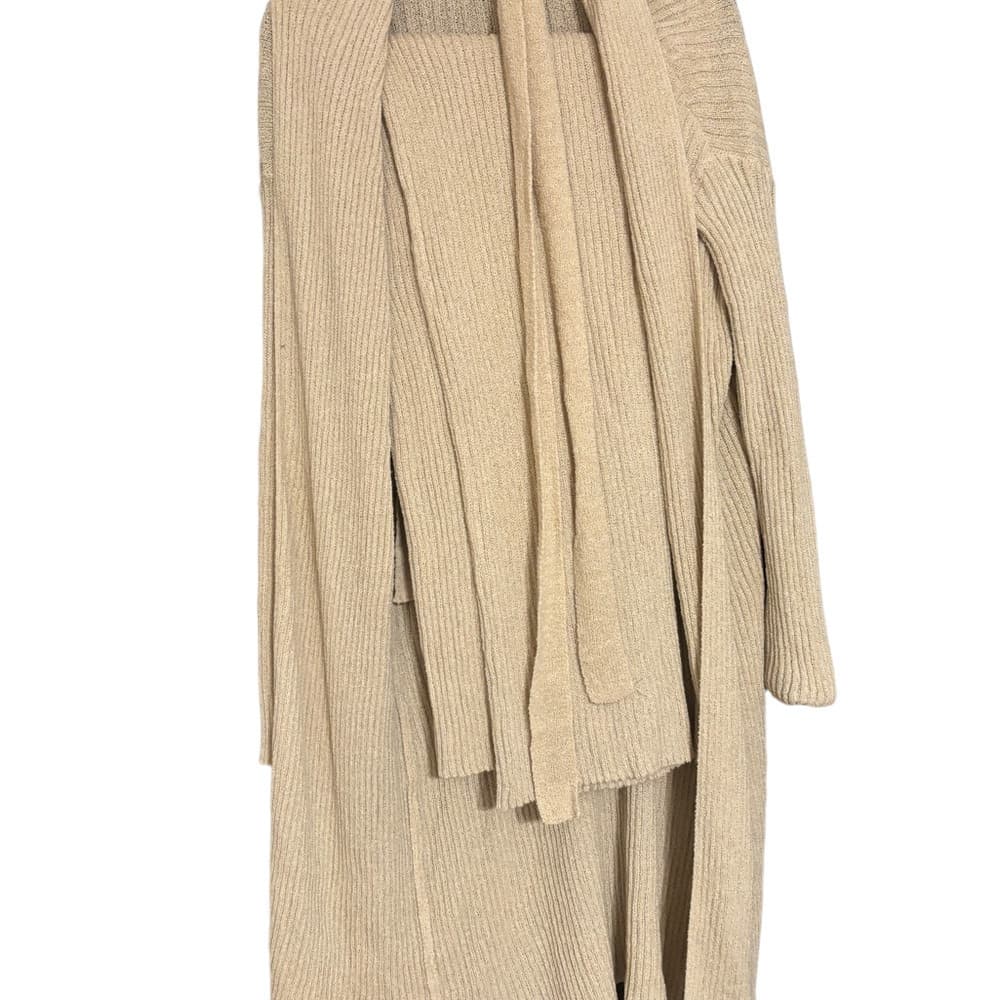 Two-piece set. Knit, Comfy, Tan, Women's Cardigan and Pants - Thumbnail 3