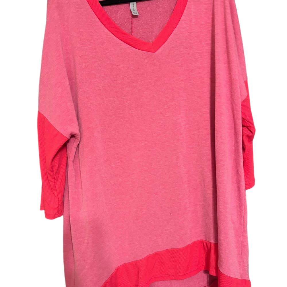 Honeyme Pink and Coral V-Neck Lightweight Sweatshirt - Thumbnail 2