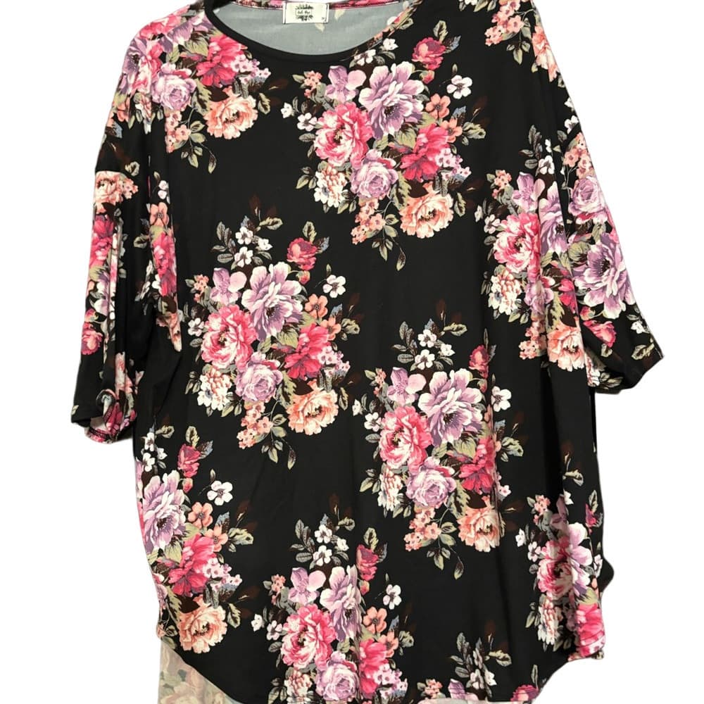 Floral Women's Top - Black and Pink - Buttery Soft - Thumbnail 2