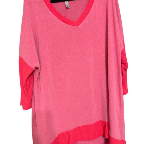 Honeyme Pink and Coral V-Neck Lightweight Sweatshirt - Thumbnail 3