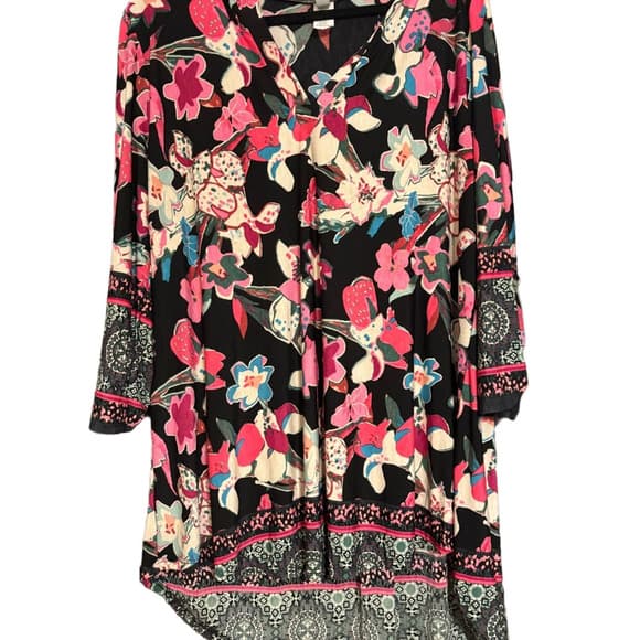 Floral V-Neck High-Low Wrinkle-Free Tunic Top - Thumbnail 3