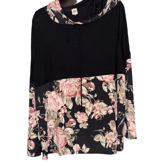 Sew In Love Black and Pastels Floral Mixed Media Hoodie - Thumbnail 4
