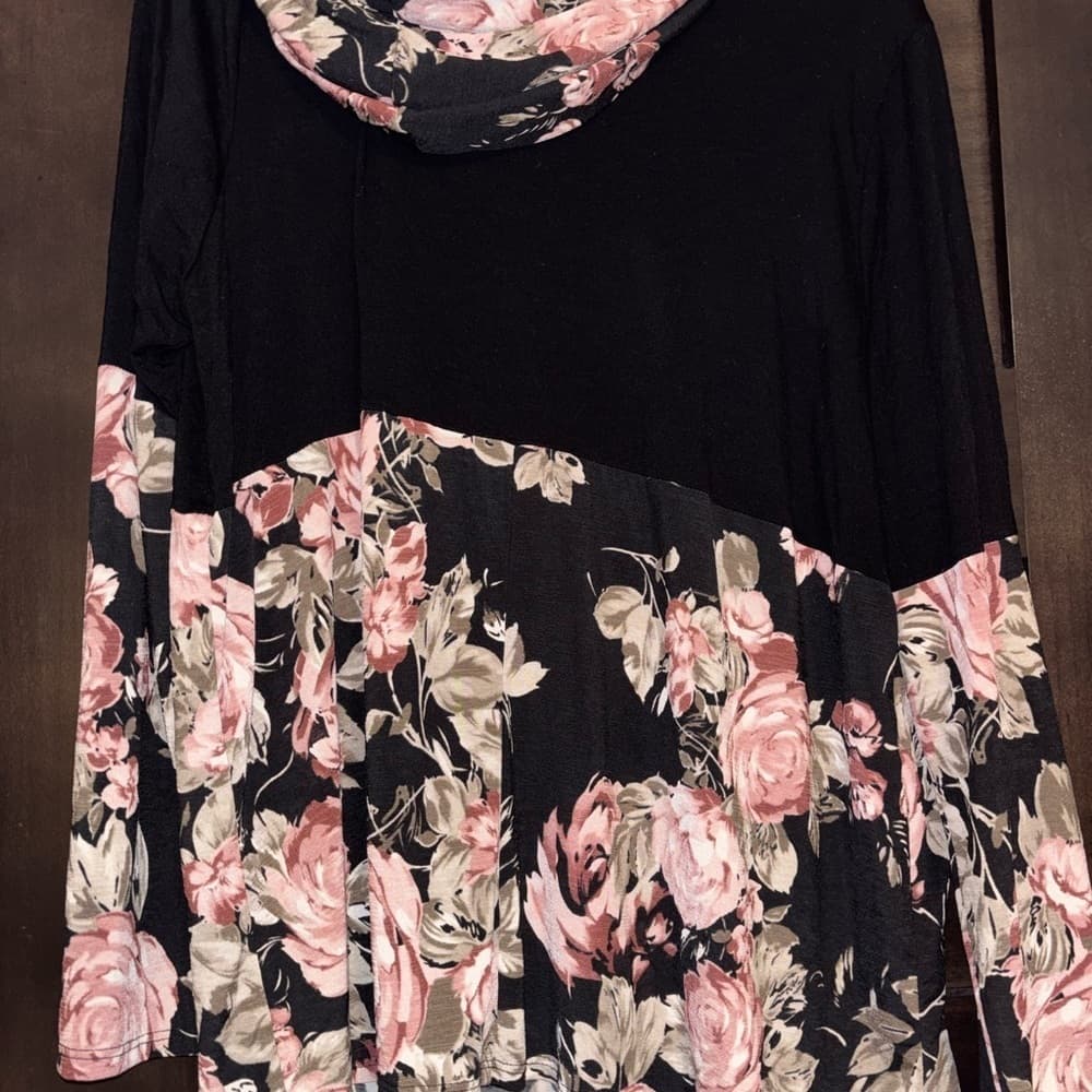 Sew In Love Black and Pastels Floral Mixed Media Hoodie - Thumbnail 2
