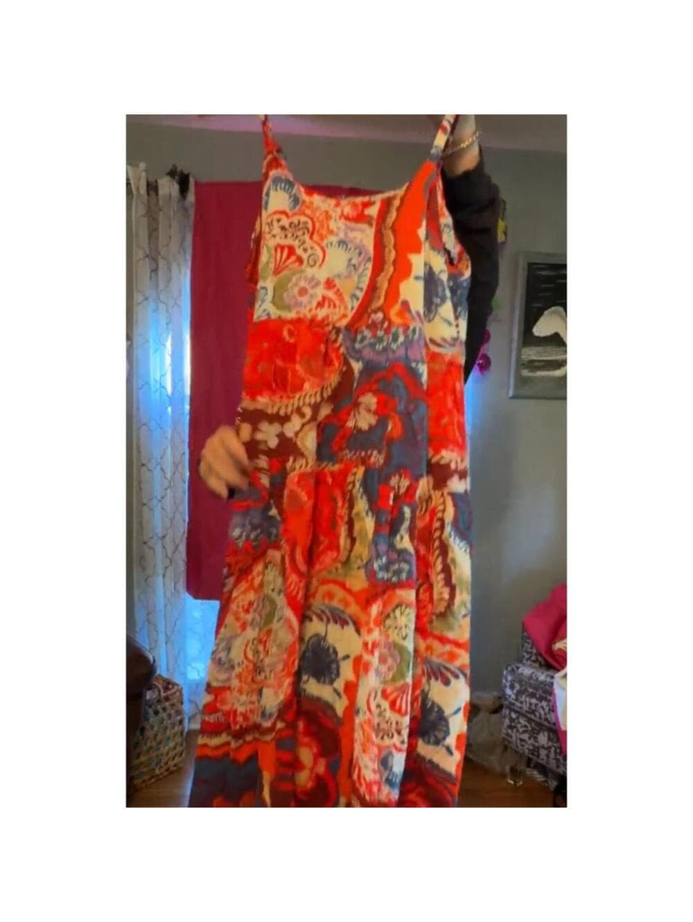 Womens Boho Floral Maxi Dress Size M Orange Cami Flowy - Thumbnail 3