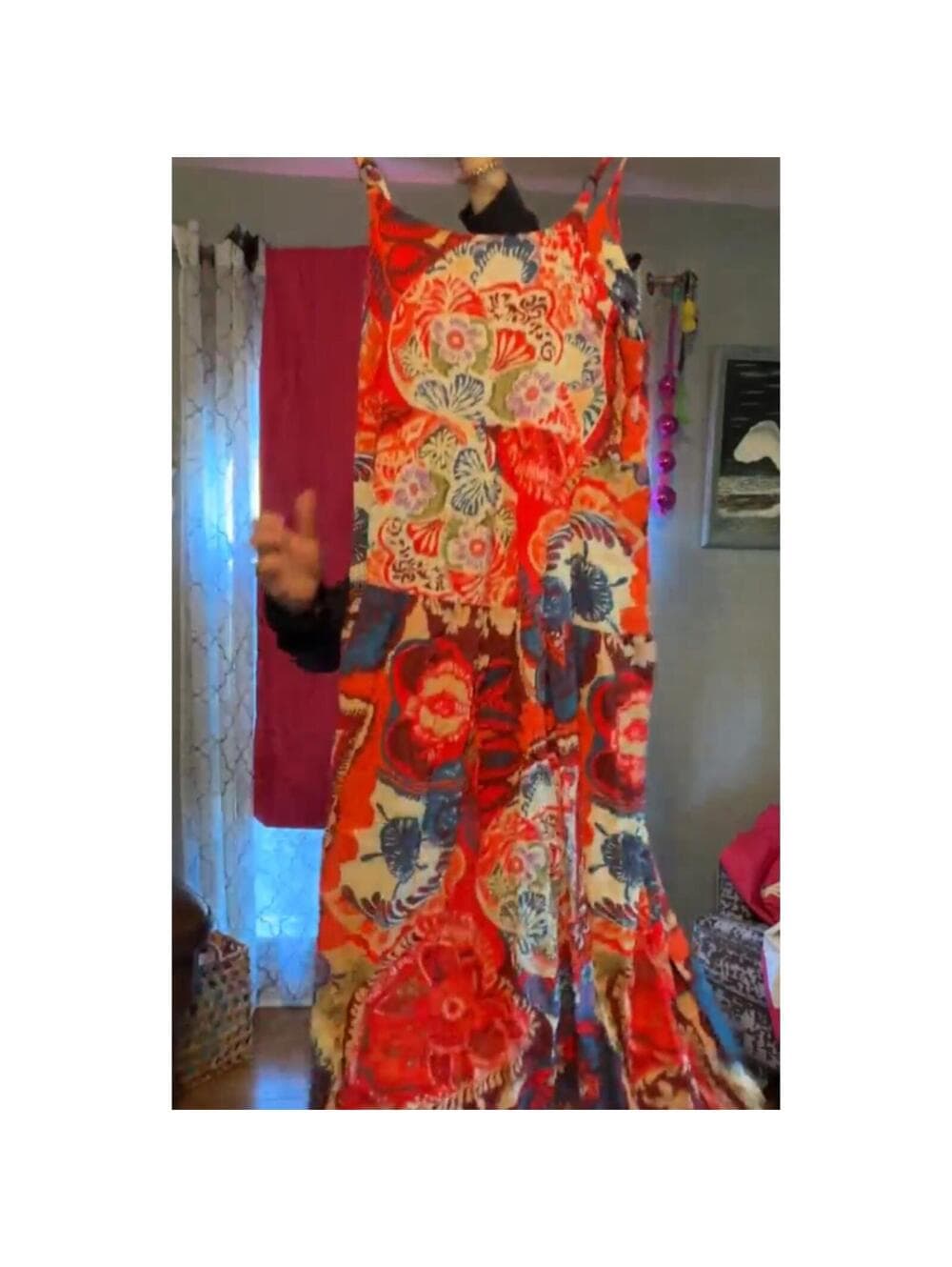 Womens Boho Floral Maxi Dress Size M Orange Cami Flowy - Thumbnail 6