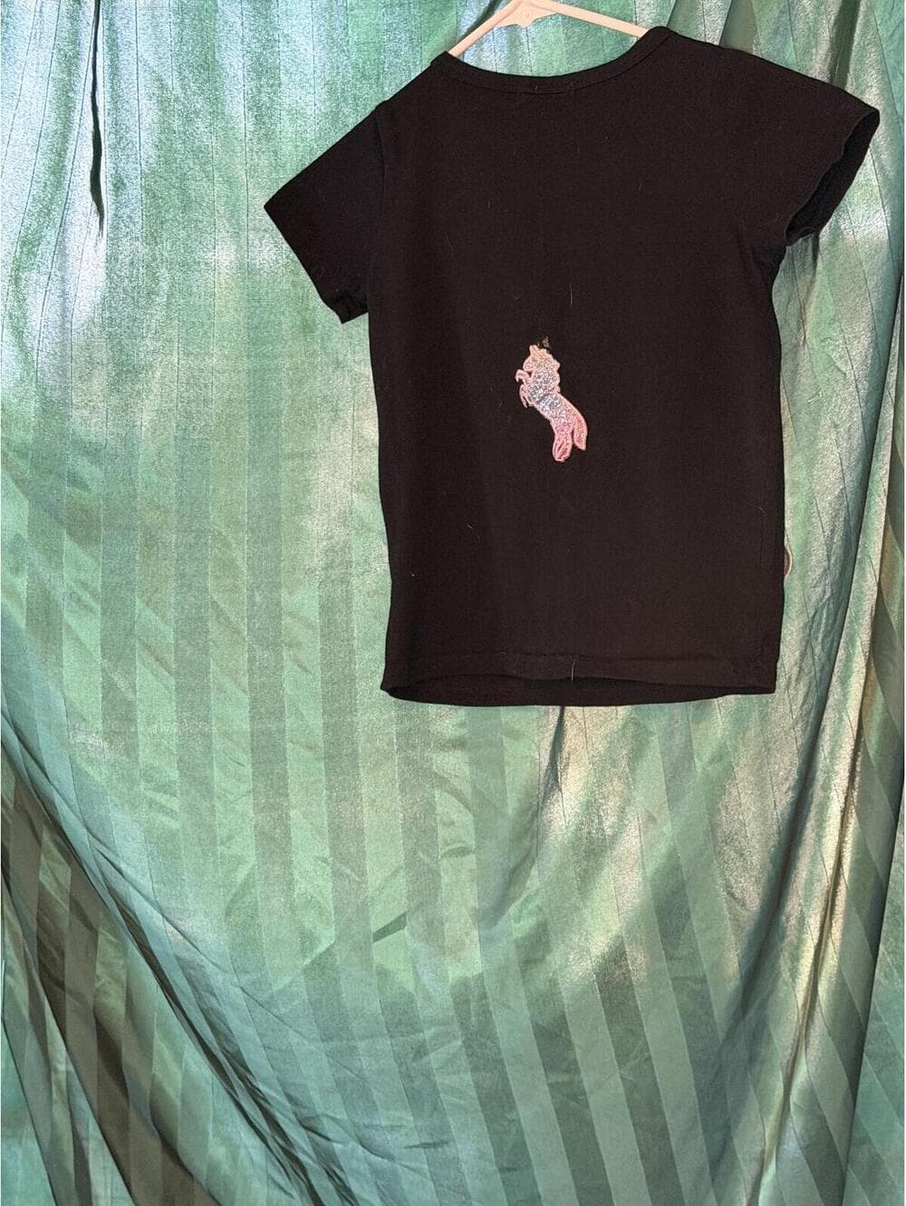Black Short Sleeve T-Shirt with Rainbow Unicorn Patches