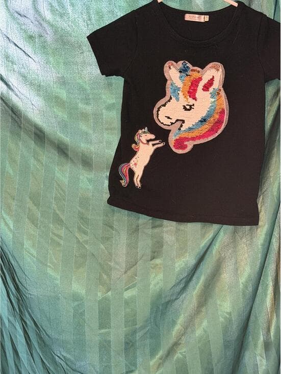 Black Short Sleeve T-Shirt with Rainbow Unicorn Patches - Thumbnail 4