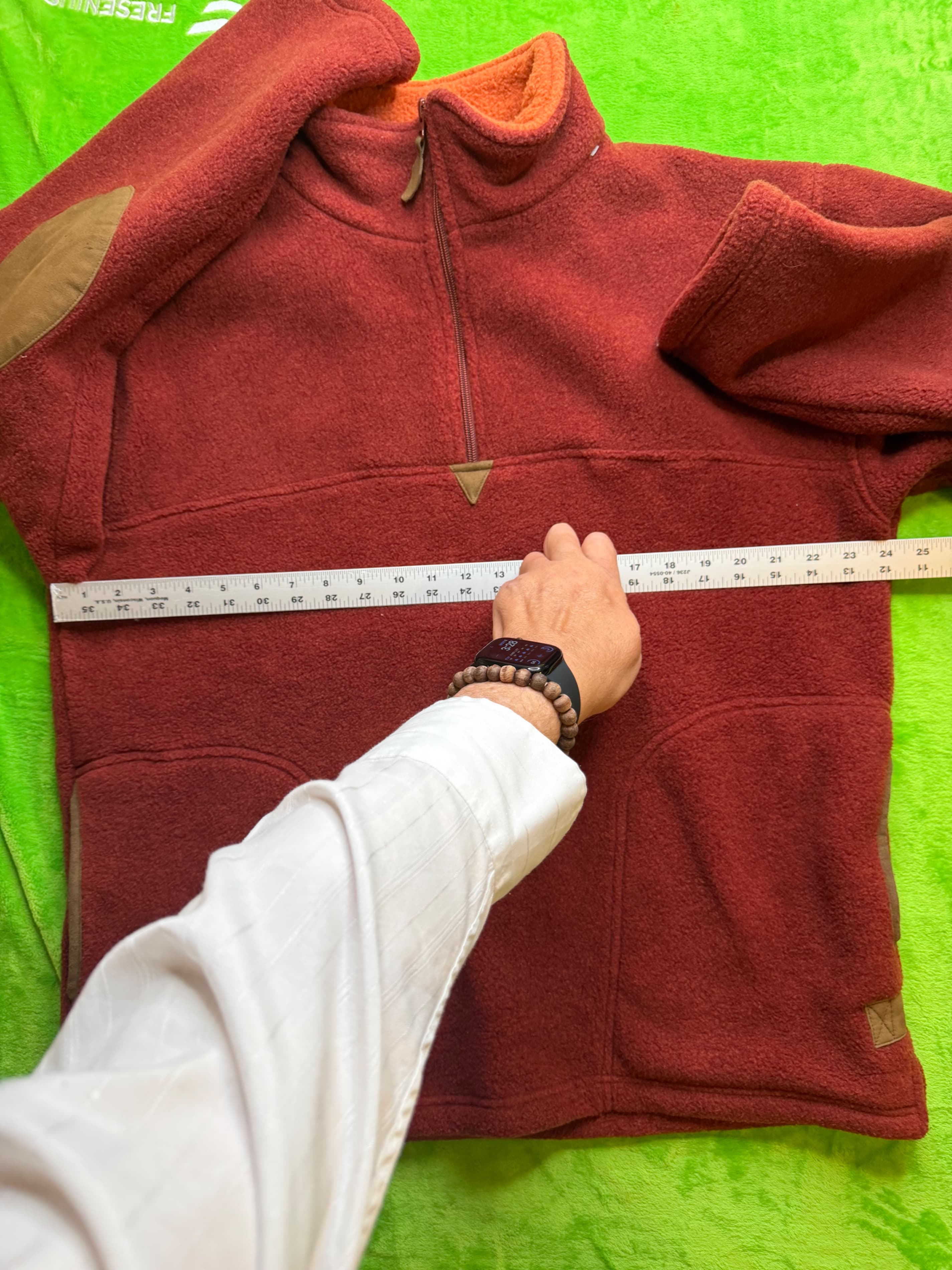 Orvis Men's Large Red Fleece Quarter-Zip Pullover with Faux Suede Elbow Patches - Thumbnail 8