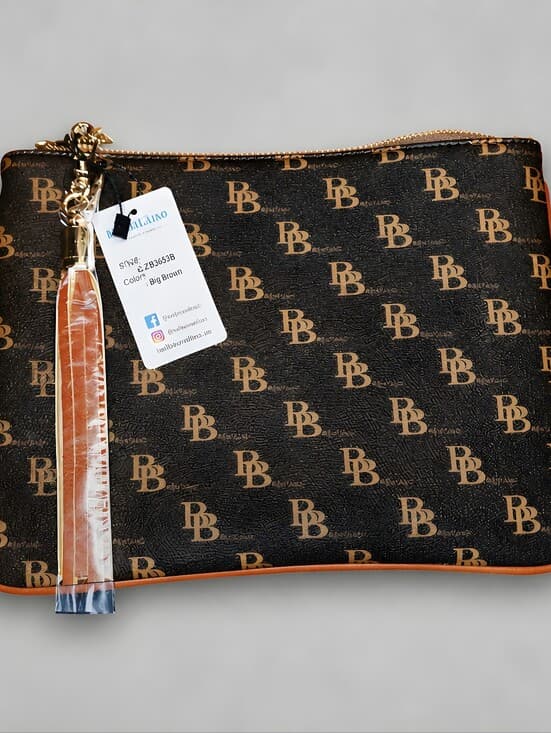 Brentano Monogram Brown Leatherette Wristlet Clutch with Tassel - Thumbnail 3