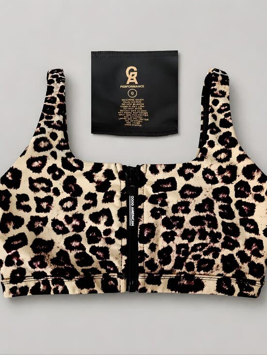 Good American Leopard Zip-Front Sports Bra in Cream, Black & Brown - Thumbnail 2