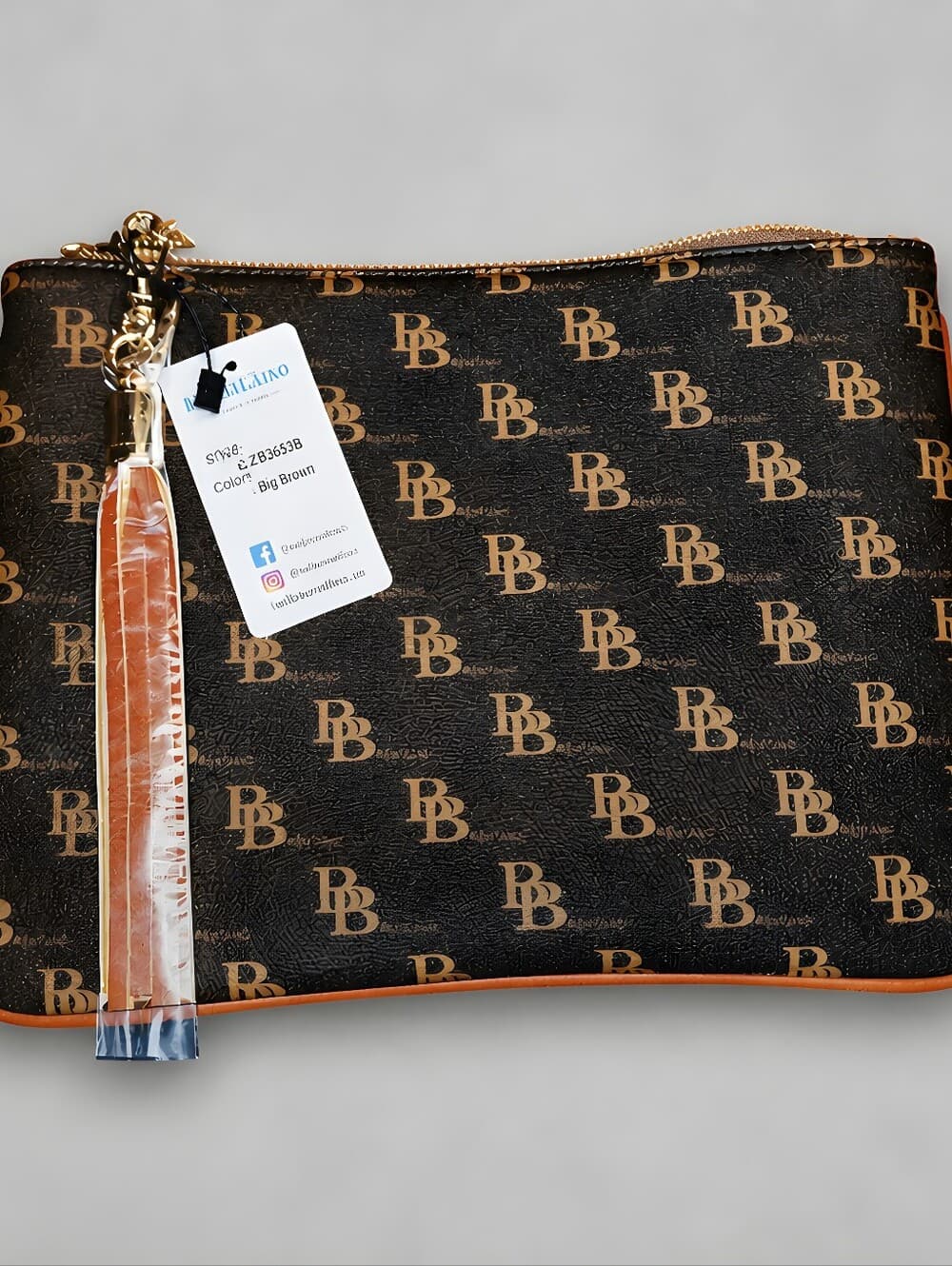 Brentano Monogram Brown Leatherette Wristlet Clutch with Tassel - Thumbnail 2