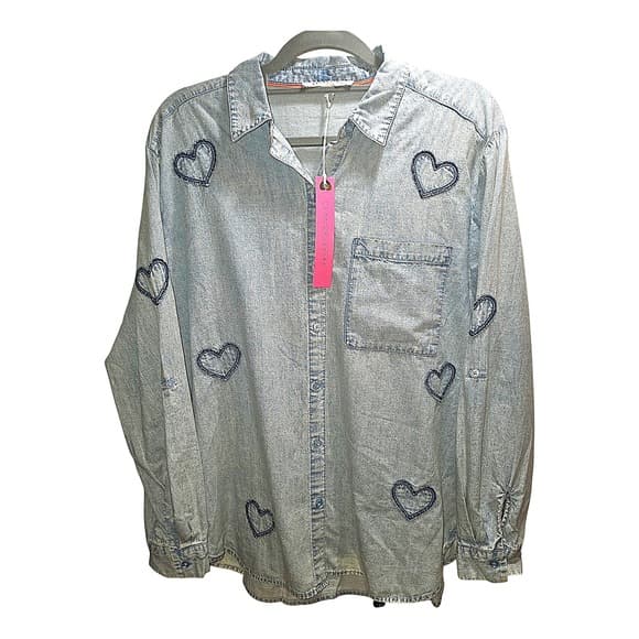 Jane & Delancey Heart Embroidered Chambray Button Down Shirt Blue L - Thumbnail 3