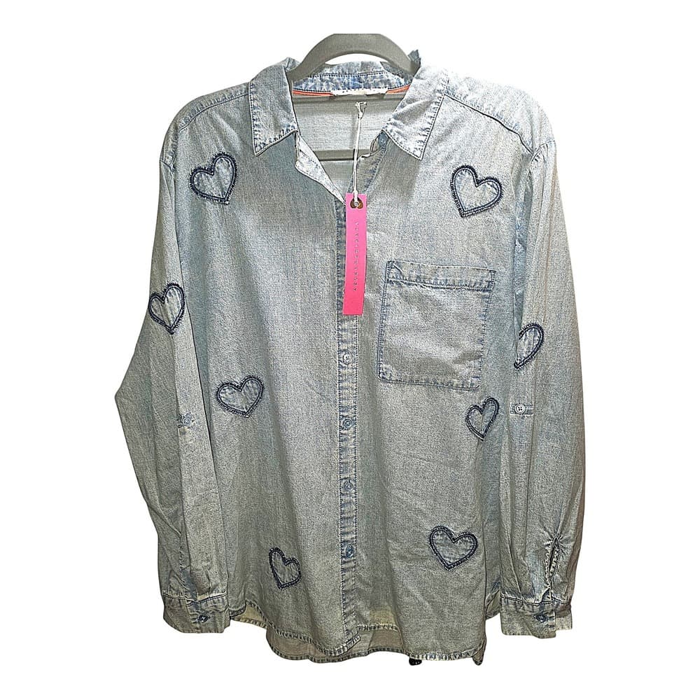 Jane & Delancey Heart Embroidered Chambray Button Down Shirt Blue L - Thumbnail 2