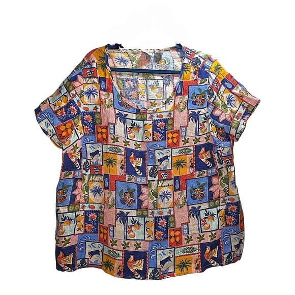 CC California Tropical Patchwork Print Scoop Neck Short Sleeve Blouse XL - Thumbnail 2
