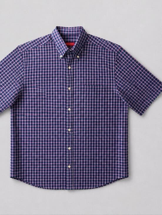 Austin Reed Short Sleeve Button-Down Check Shirt - Navy & Pink - Thumbnail 3
