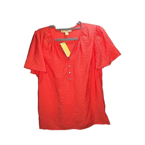 Michael Michael Kors Coral Red Textured Short Sleeve Button Neck Blouse NWT S - Thumbnail 2