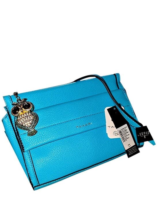 Tahari Charlie Crossbody Bag Aqua Blue Vegan Leather & Owl Charm NWT - Thumbnail 3