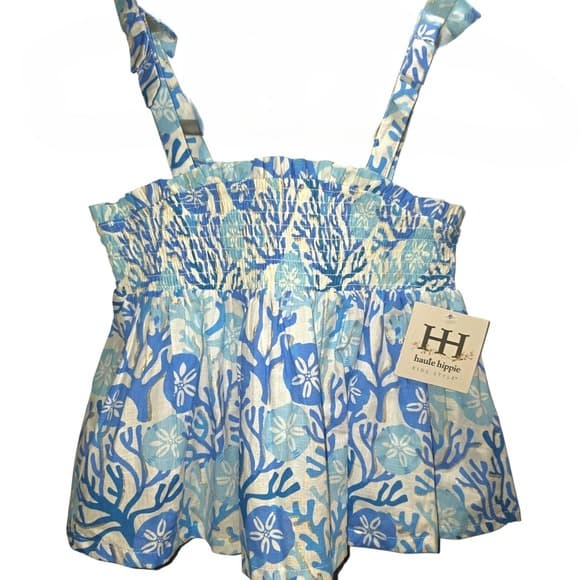 Haute Hippie Kids Blue White Coral Sand Dollar Smocked Tie Shoulder Tank Top NWT - Thumbnail 2