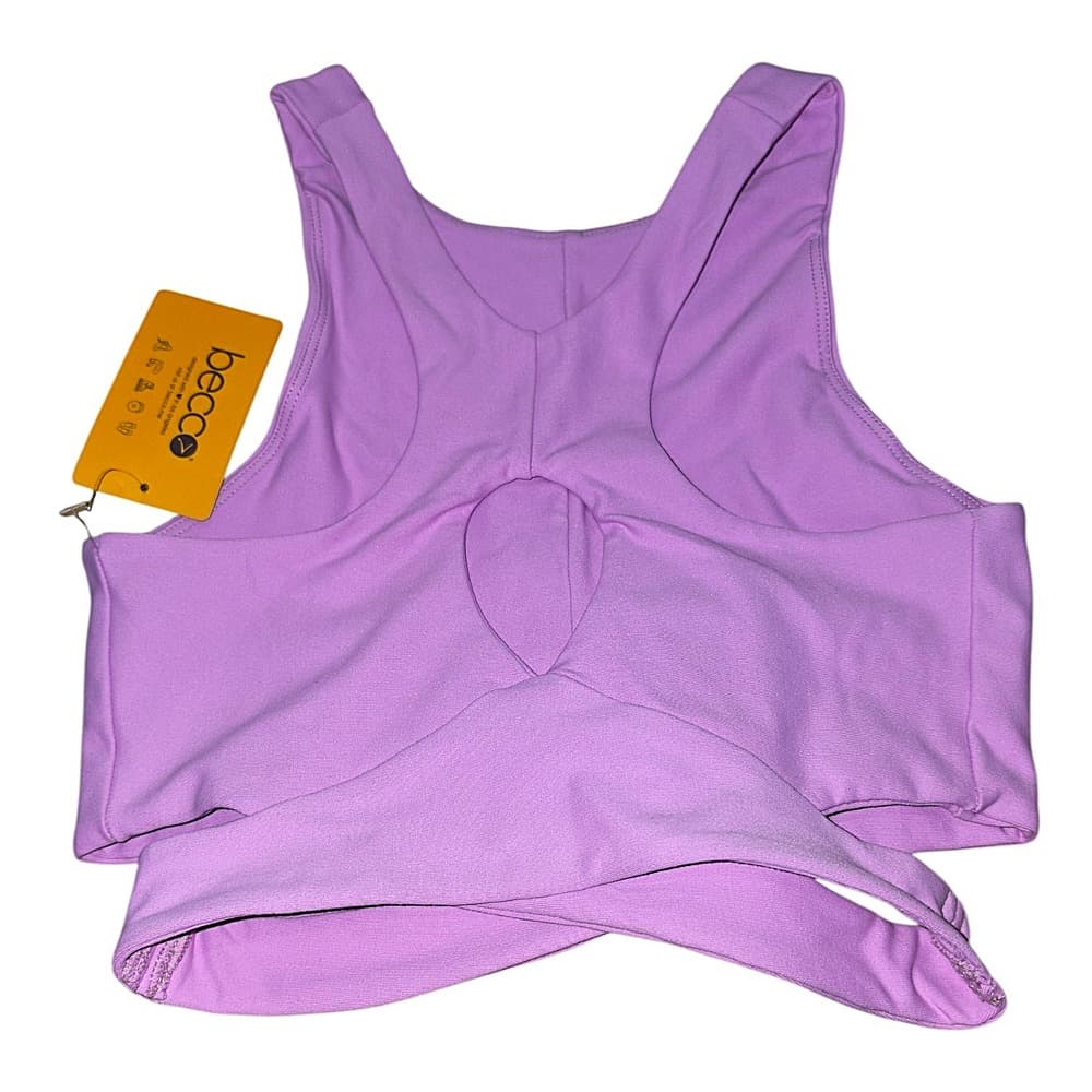 Becca Active Lilac Purple High Neck Wrap Hem Cutout Racerback Sports Bra NEW