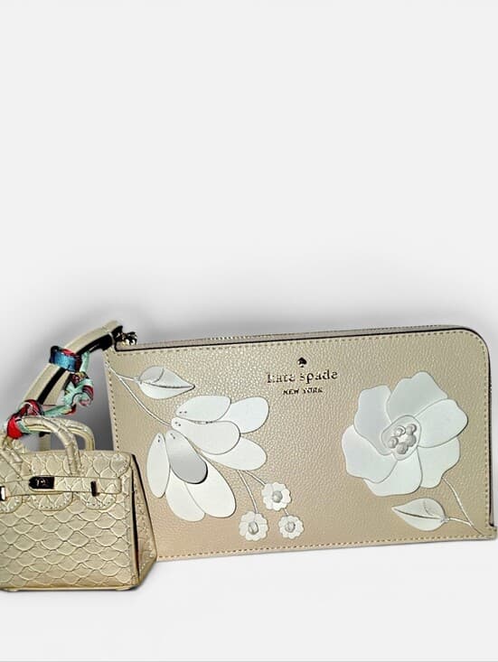 Kate Spade Lucy Medium L-Zip Floral Applique Wristlet Milk & Bag Charm - Thumbnail 4