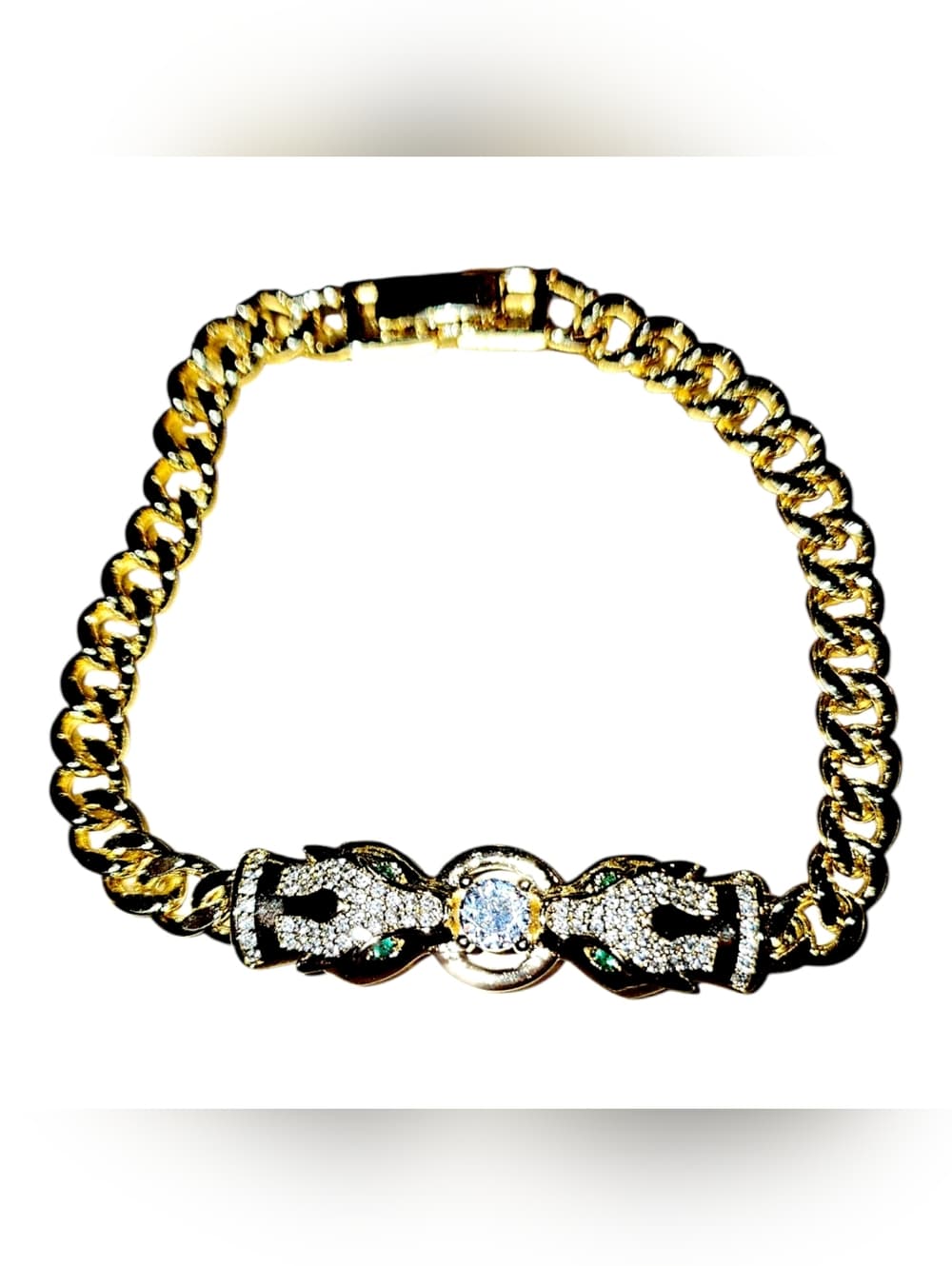 Gold-Tone Pave Panther Link Bracelet with Center Crystal NWOT