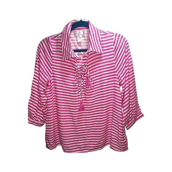 Stella Parker Pink White Striped Lace Up Tassel Tunic Top Womens Small - Thumbnail 2