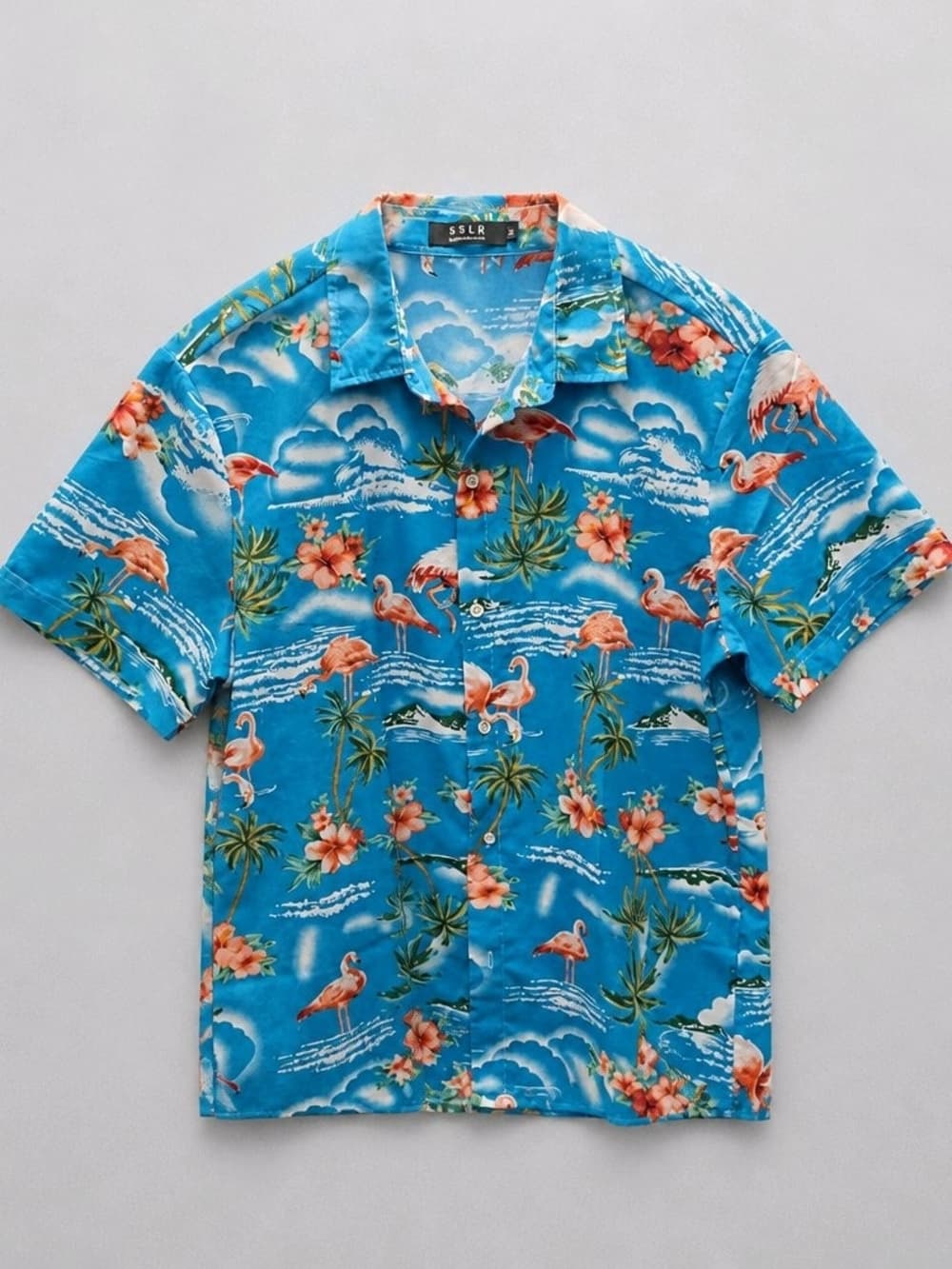 SSLR Men's Flamingo Floral Hawaiian Casual Button-Down Shirt in Sky Blue - Thumbnail 2