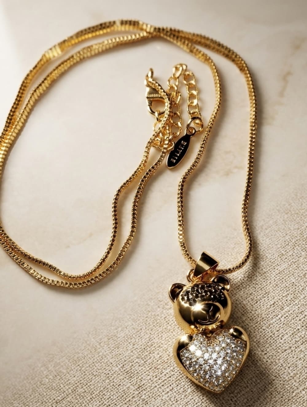 Gold-Tone Teddy Bear Heart Pendant Necklace - Sparkling Crystal Accent NWOT - Thumbnail 2