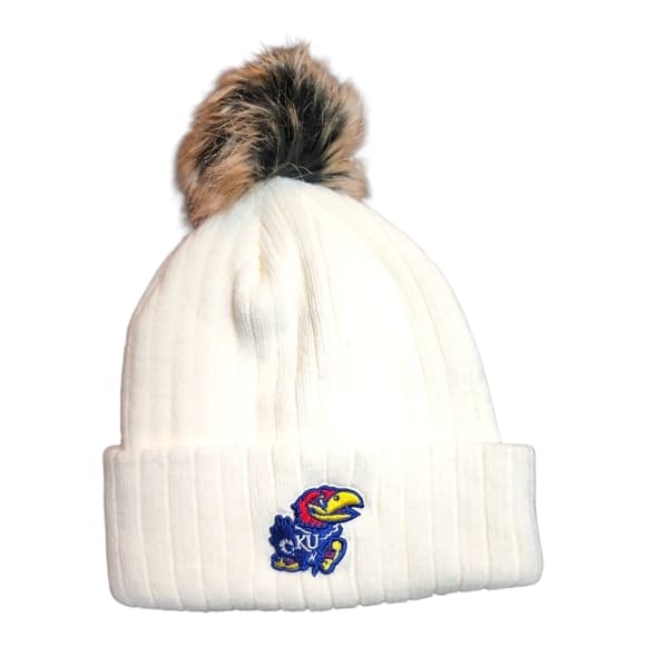 NEW KU Jayhawks White Pom Pom Beanie Hat - Thumbnail 2