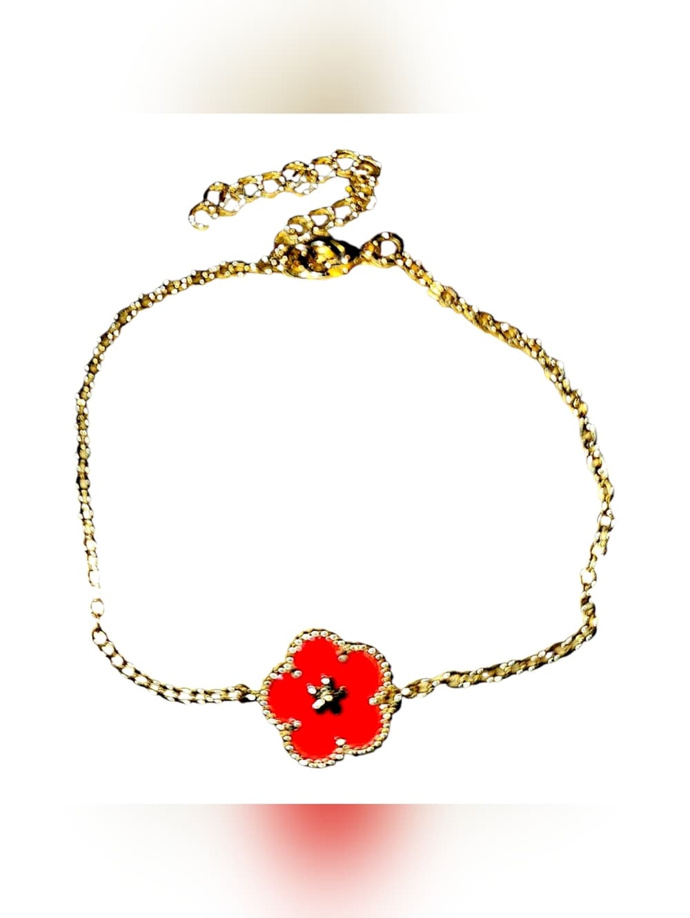 Gold Chain Bracelet with Red Clovers Charm
