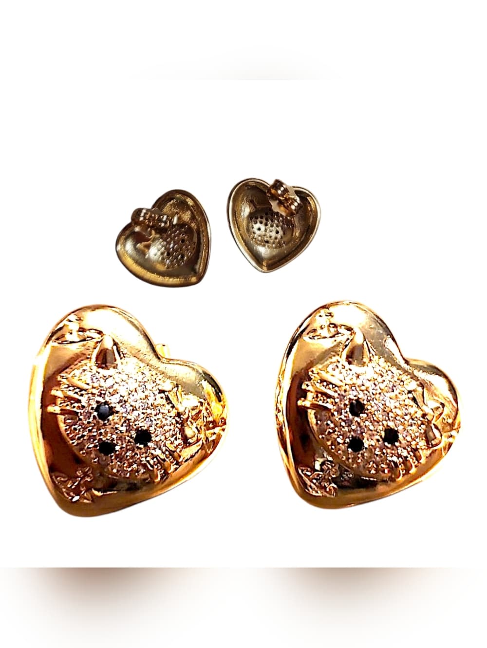 Gold Heart Stud Earrings with Textured Kitty Cat Detail - Women Jewelry NWOT