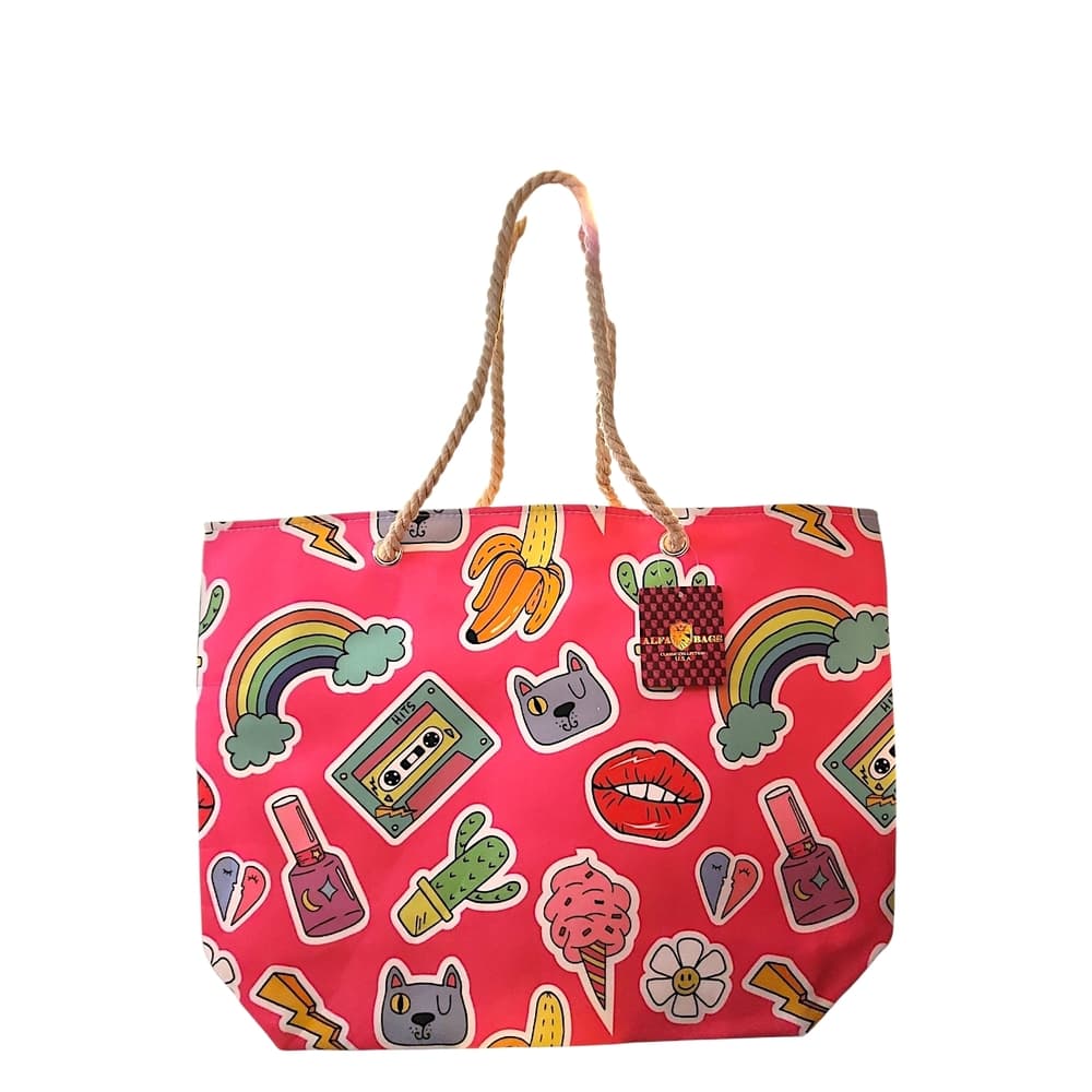 Playful ALFA Pink Beach Tote Bag with 90's Stickers - Thumbnail 3