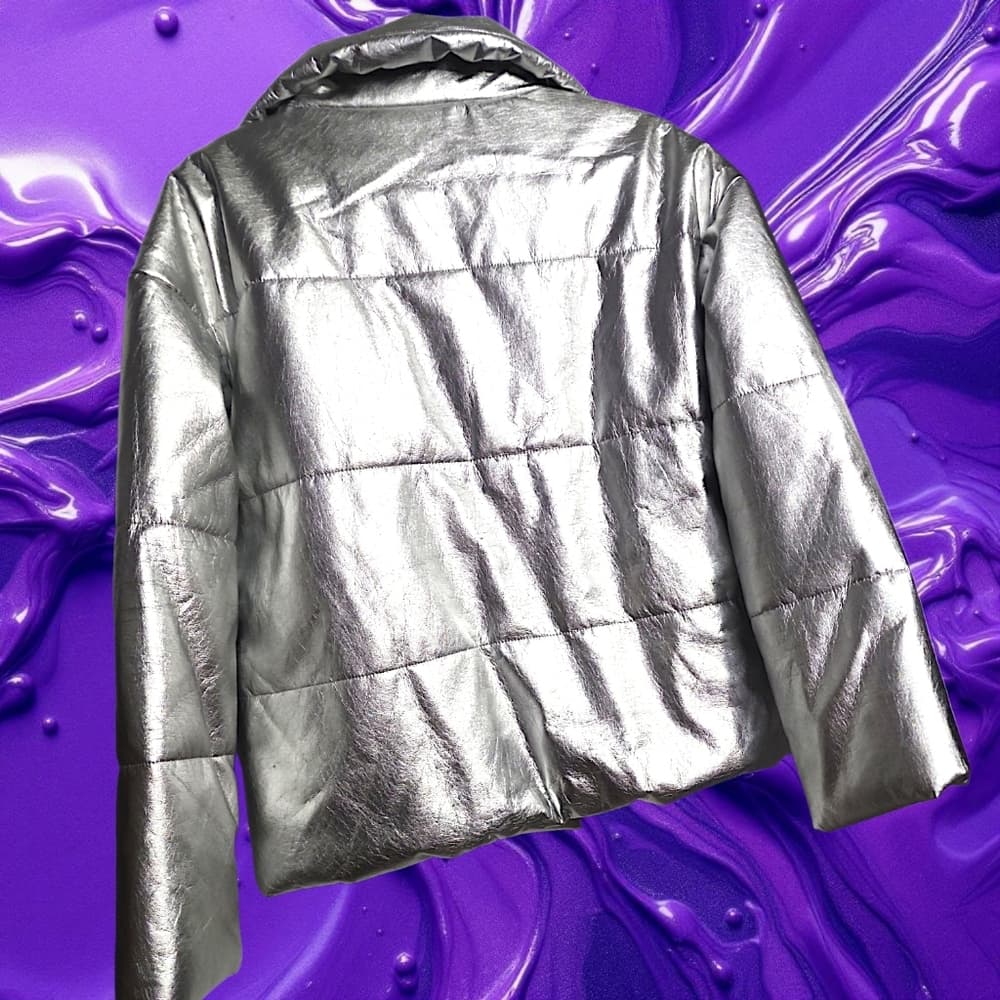 NWT Jules Kae Anastasia Women's Metallic Silver Puffer Jacket Size SMALL