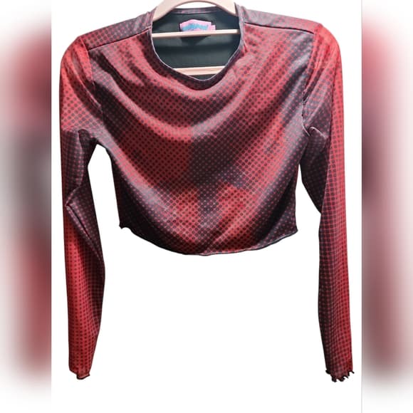 Edikted "X-Ray" Printed Mesh Long Sleeve Crop Top in red/burgundy - Thumbnail 3