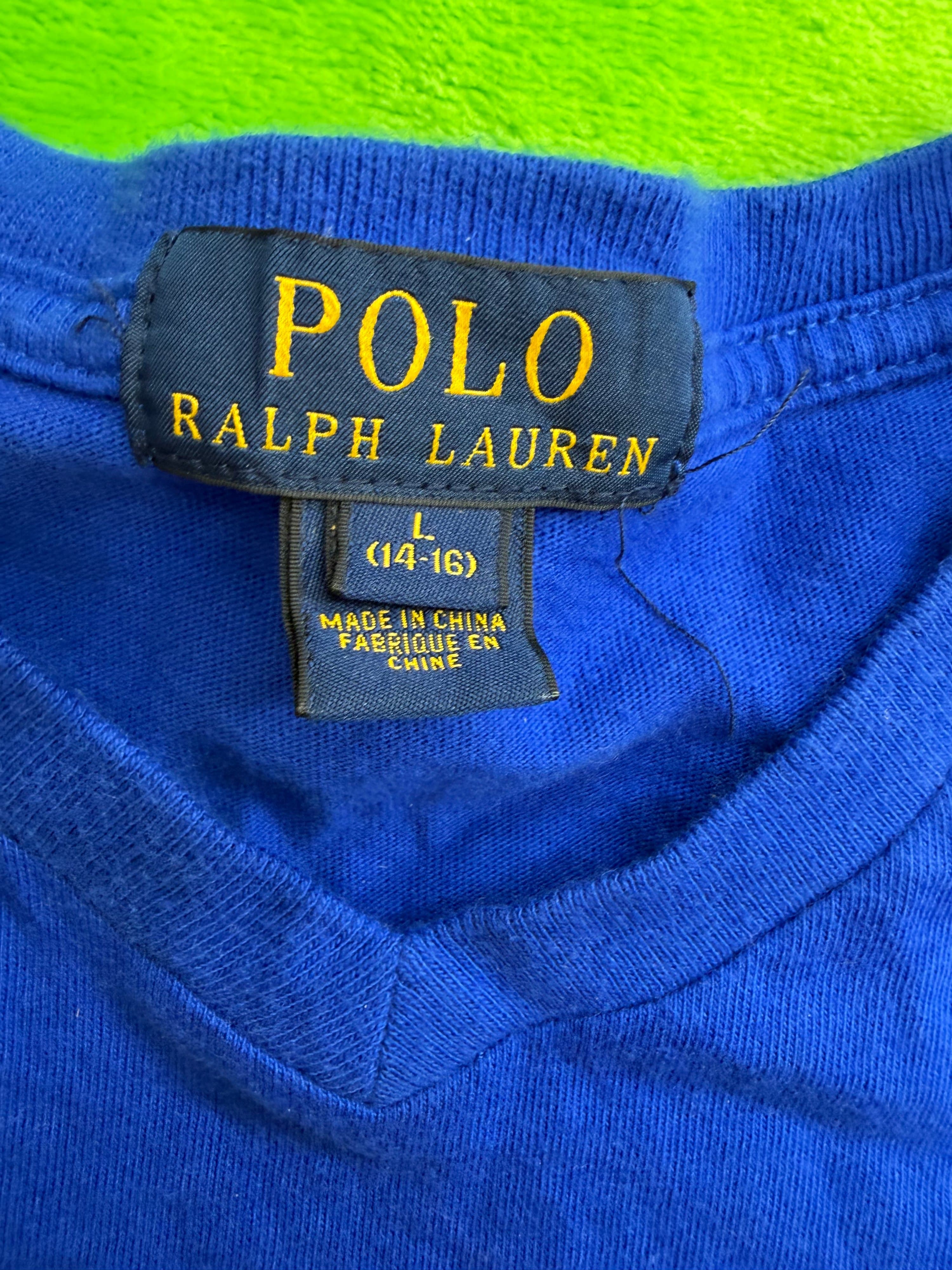 Polo Ralph Lauren Boys SS V-Neck T-Shirt Sz L 14-16 Royal Blue Orange Pony - Thumbnail 3