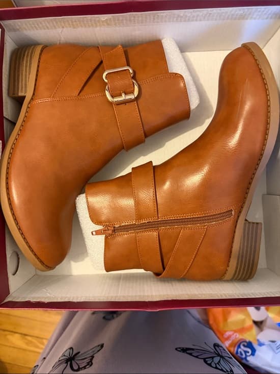 Women's Cognac Ankle Booties with Side Buckle - Thumbnail 3