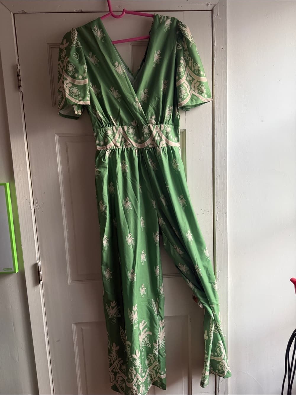 Green Botanical Wrap Jumpsuit with Cream Print - Thumbnail 2