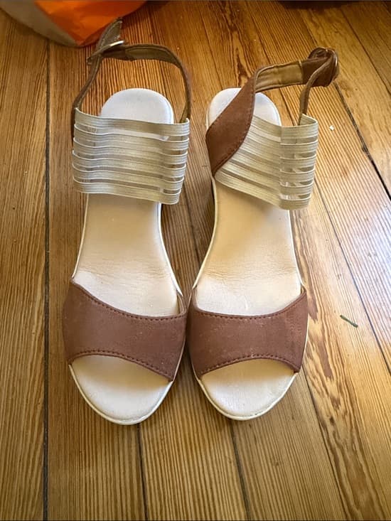 Neutral Brown Suede-Look Sandals with Cream Elastic Ankle Straps - Thumbnail 3