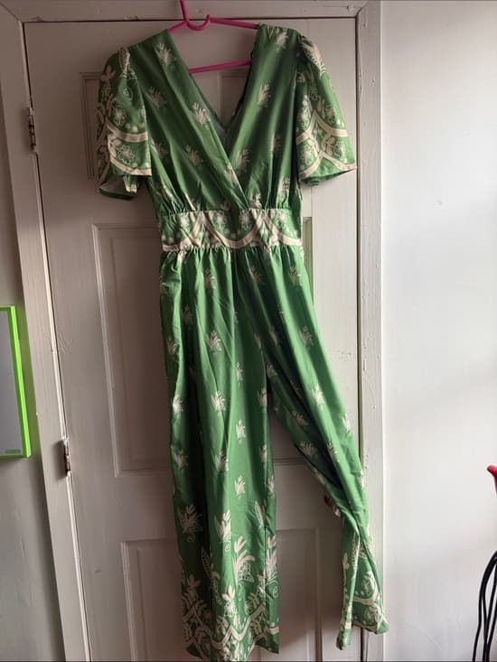 Green Botanical Wrap Jumpsuit with Cream Print - Thumbnail 3