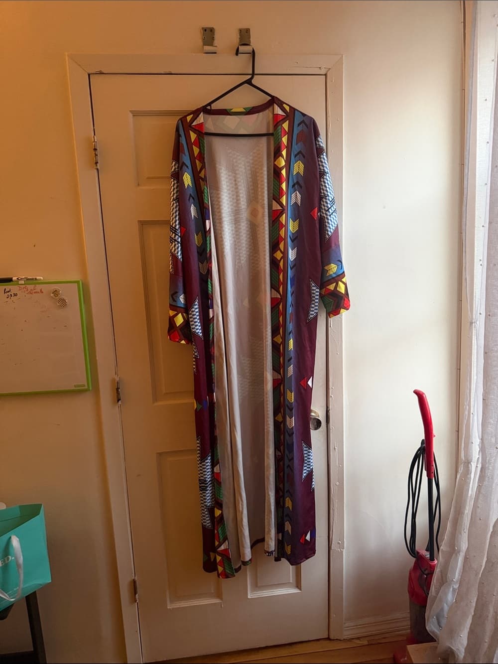 Long Open-Front Geometric Print Kimono - Burgundy with Multicolor Trim - Thumbnail 2