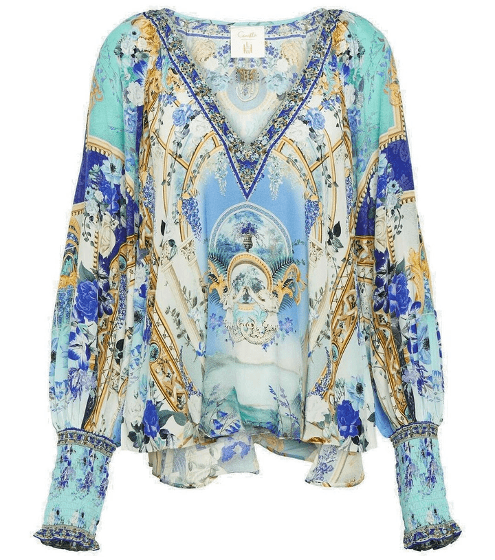 Camilla Embellished Floral Silk Crêpe Blouse - Thumbnail 4